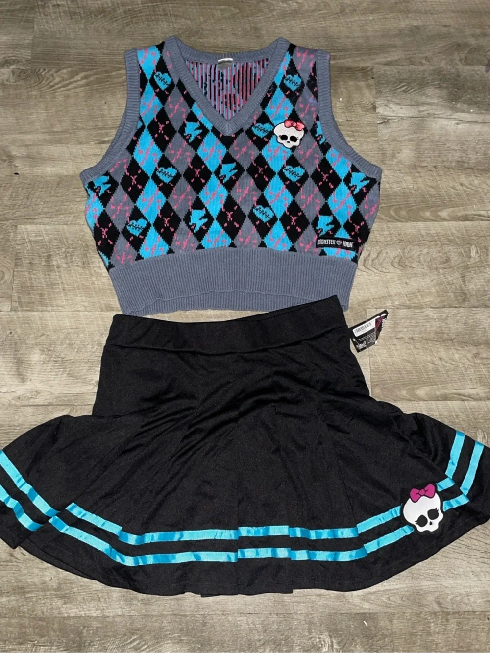 monster high Black, Blue & Purple Argyle Crop Vest and Skirt Set